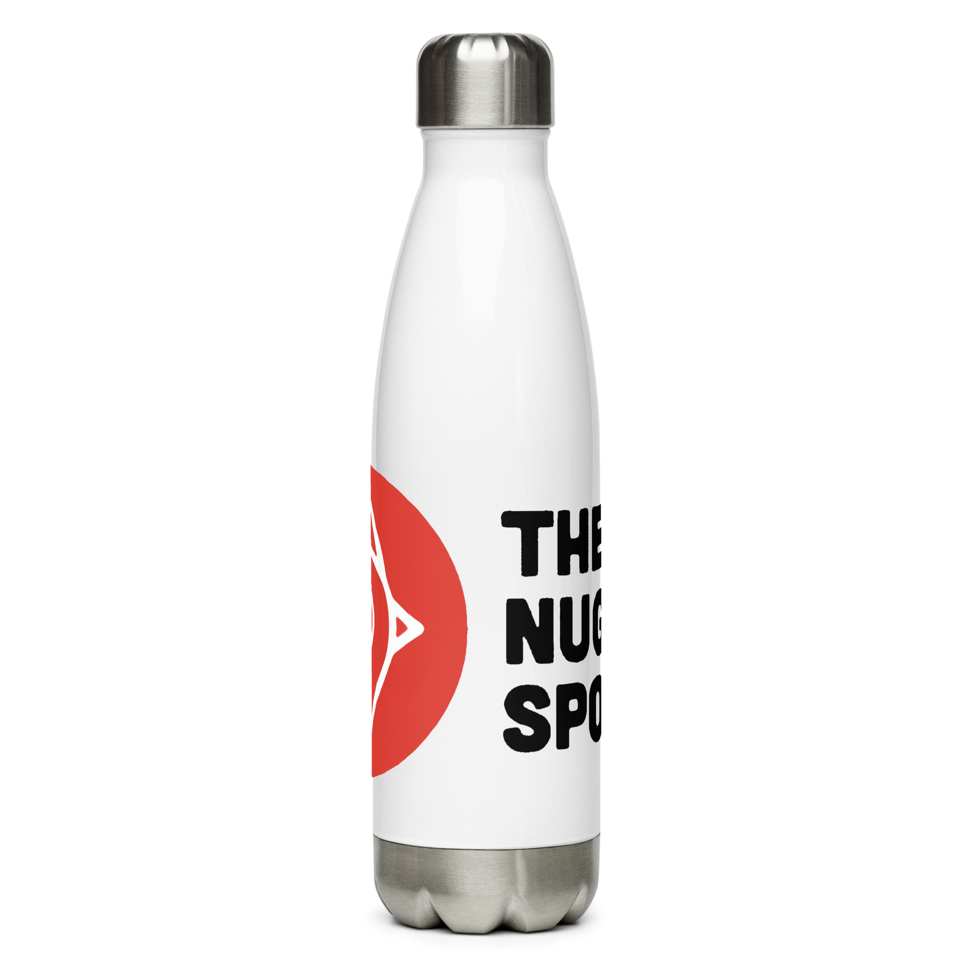 Front view of The Nugget Spot 17oz Stainless Steel Water Bottle against a transparent background.