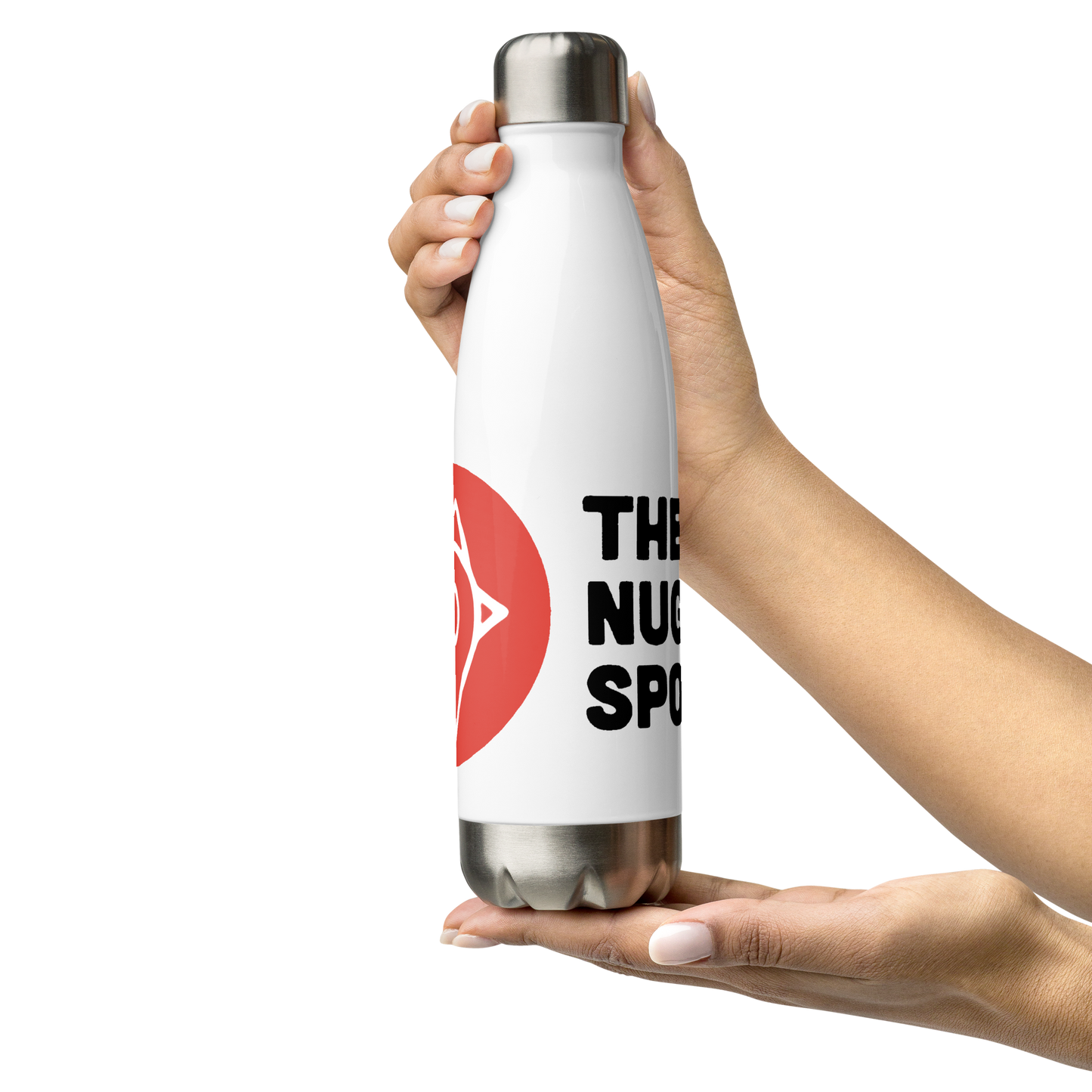 Hands holding The Nugget Spot Stainless Steel Water Bottle upright, displaying the red logo clearly.