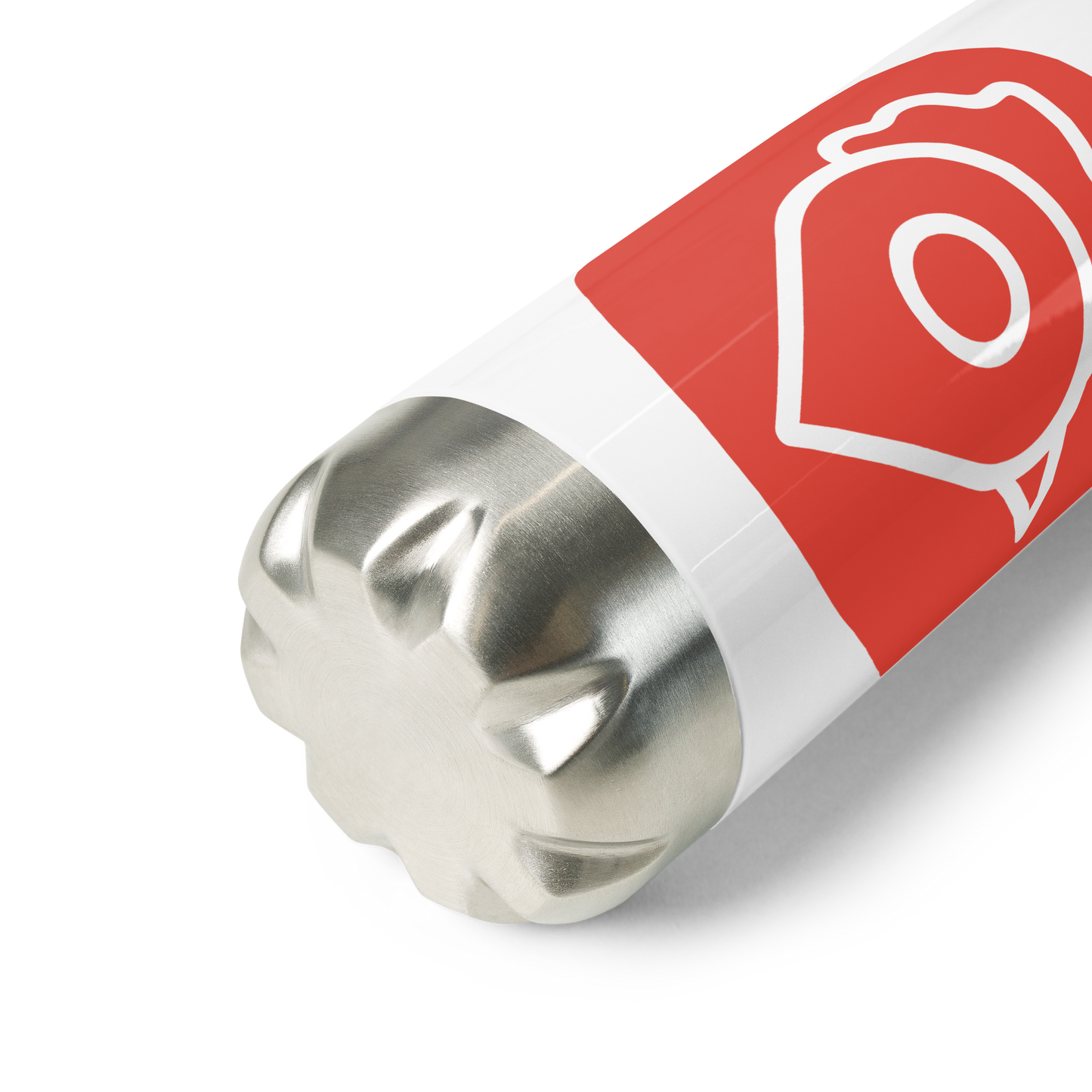 Detailed shot of the stainless steel base of The Nugget Spot Signature white bottle with red logo.